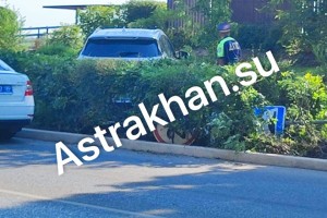 В Астрахани автоледи не справилась с управлением машины, сбила дорожный знак и въехала в кусты